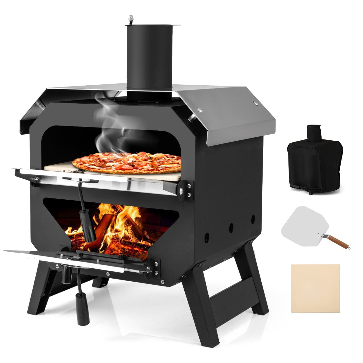 LIVSK Draagbare Buitenpizzaoven - Houtgestookt met Pizzasteen - Roestvrijstalen Dak - Waterdichte Stofhoes - Voor Diverse