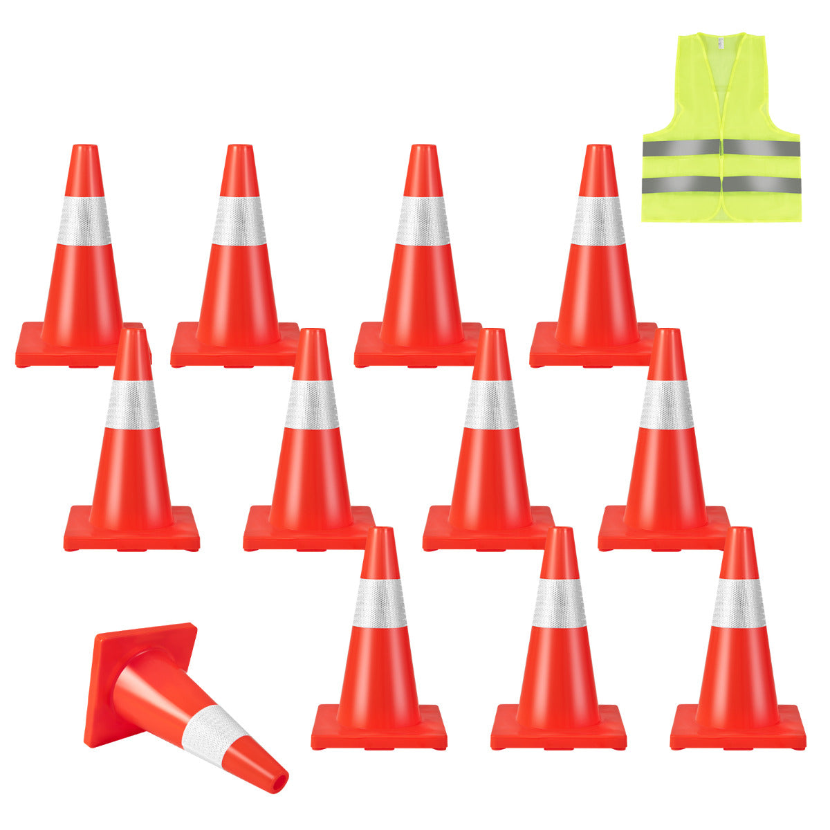 LIVSK Veiligheidskegelset - 12 Kegels van Duurzaam PVC - 360° Reflectie - Draagbaar met Veiligheidsvest - Feloranje