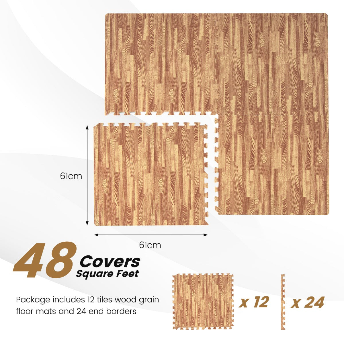 Livsk costway 12 stuks vloermat met houtnerf 61 x 61 cm schuimtegels vloertegels met randen beschermende vloerbedekking terrasmat voor thuis en kelder 4
