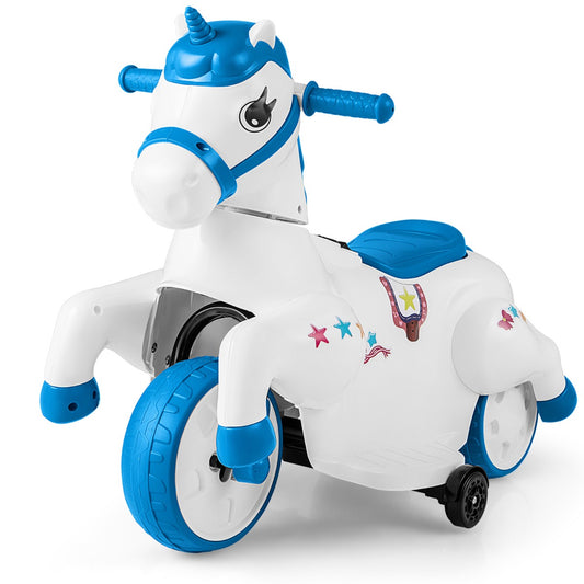 LIVSK Rijdende Eenhoorn - 2 Rijmodi - Veiligheid tot 30 kg - Muziek en LED-verlichting - Voor kinderen vanaf 3 jaar - Blauw en Wit