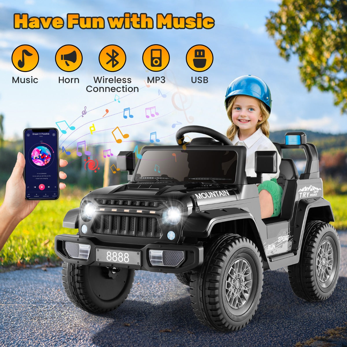 LIVSK Kinderjeep met Afstandsbediening - Dubbele Motor - Veiligheidsgordel - MP3 Speler - Voor 3-8 Jaar - 60 x 95 x 60 cm - Zwart