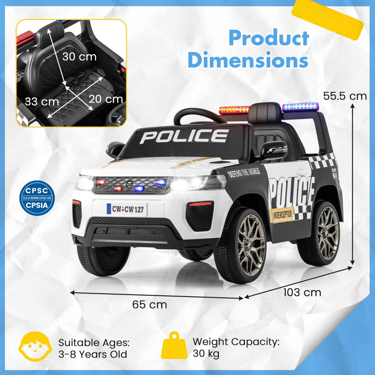 LIVSK Elektrische Politieauto voor Kinderen - Afstandsbediening - 12V Motoren - Comfortabele Rit - Tot 30 kg - Wit