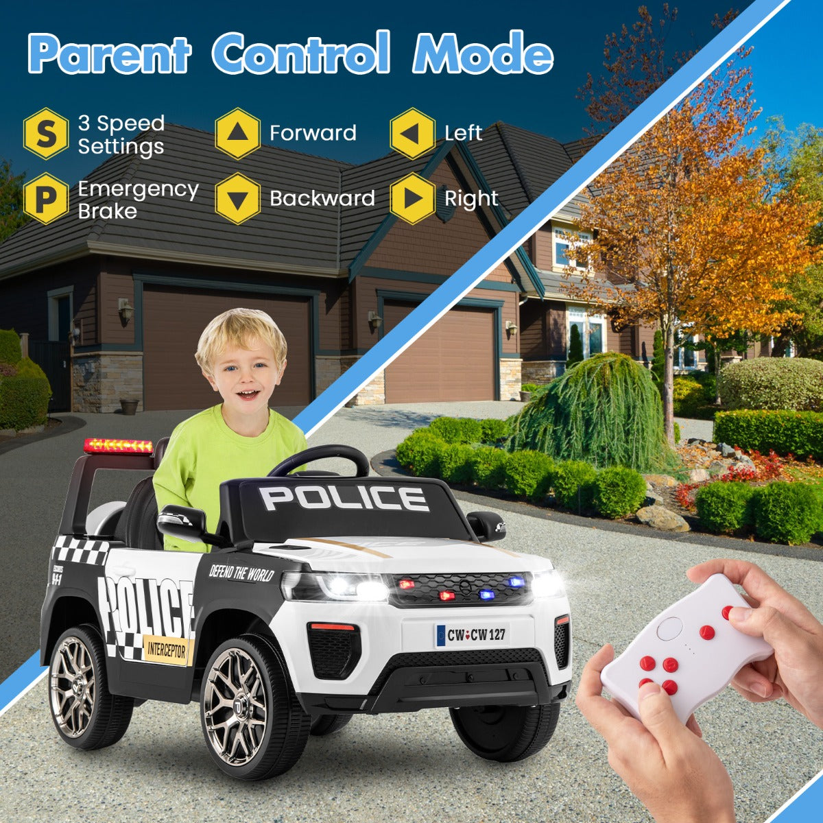 LIVSK Elektrische Politieauto voor Kinderen - Afstandsbediening - 12V Motoren - Comfortabele Rit - Tot 30 kg - Wit