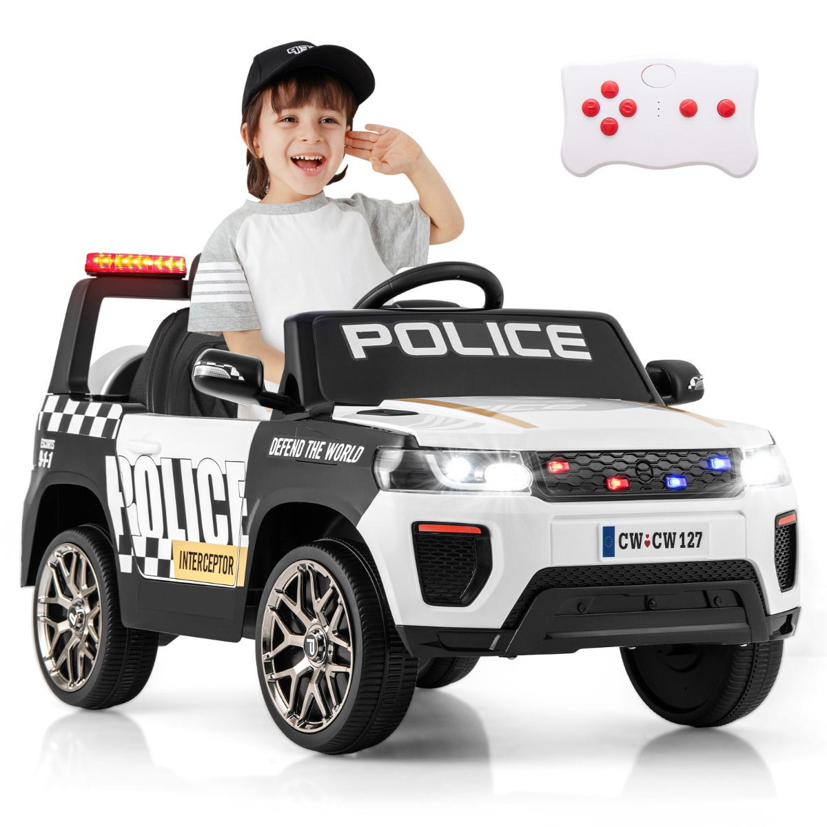 LIVSK Elektrische Politieauto voor Kinderen - Afstandsbediening - 12V Motoren - Comfortabele Rit - Tot 30 kg - Wit