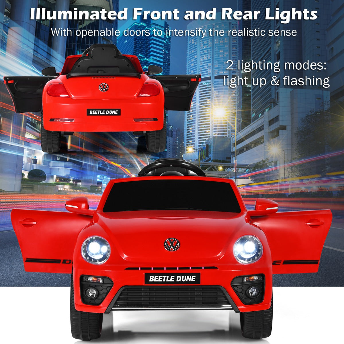 LIVSK Elektrische Kinderauto Beetle - Afstandsbediening, Verlichting, Veiligheidsgordel - Tot 30 kg - 95 x 56 x 47 cm - Rood
