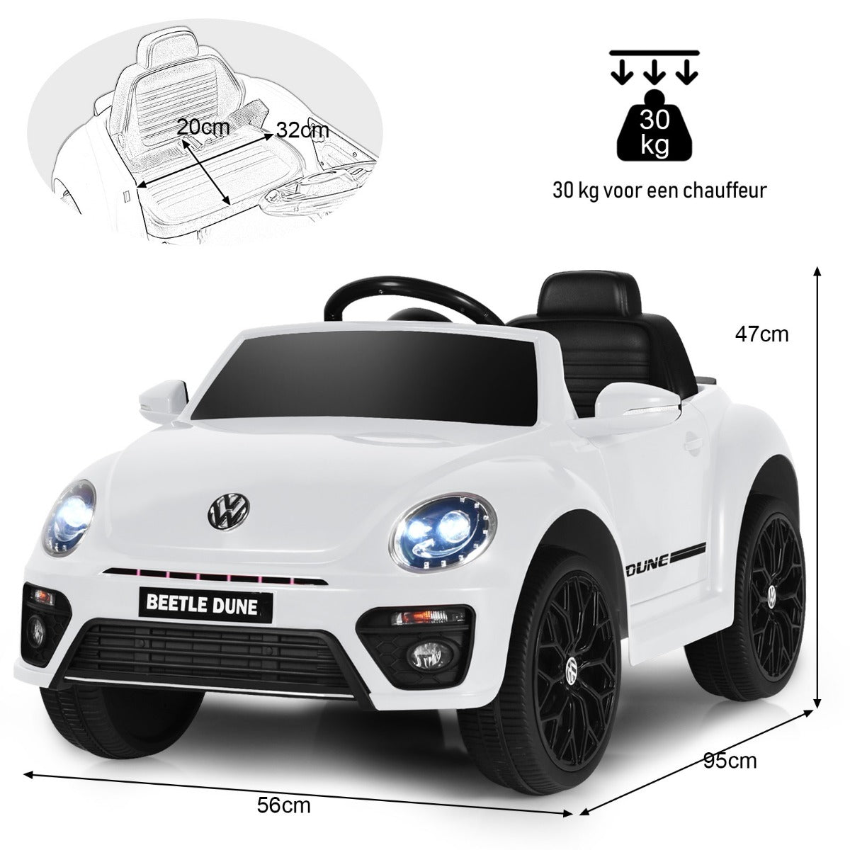 LIVSK Elektrische Kinderauto Beetle - Officiële Volkswagen Licentie - Afstandsbediening - Muziek en Bluetooth - 95 x 56 x 47 cm -