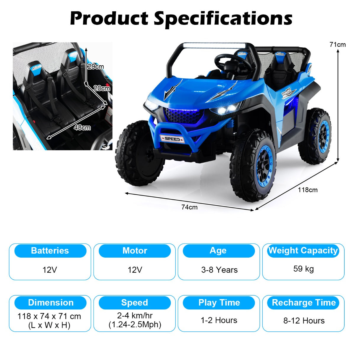 LIVSK 12V Elektrische Terreinwagen - 2 Zitplaatsen met Afstandsbediening - Soft-start en Slijtvaste Wielen - Blauw