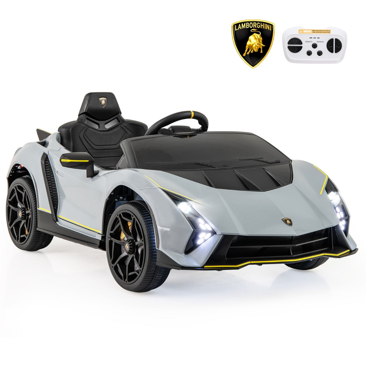 LIVSK Lamborghini Elektrische Kinderauto - 4WD met Afstandsbediening - LED-verlichting - 12V Accu - Voor 3-8 jaar - Grijs/Roze