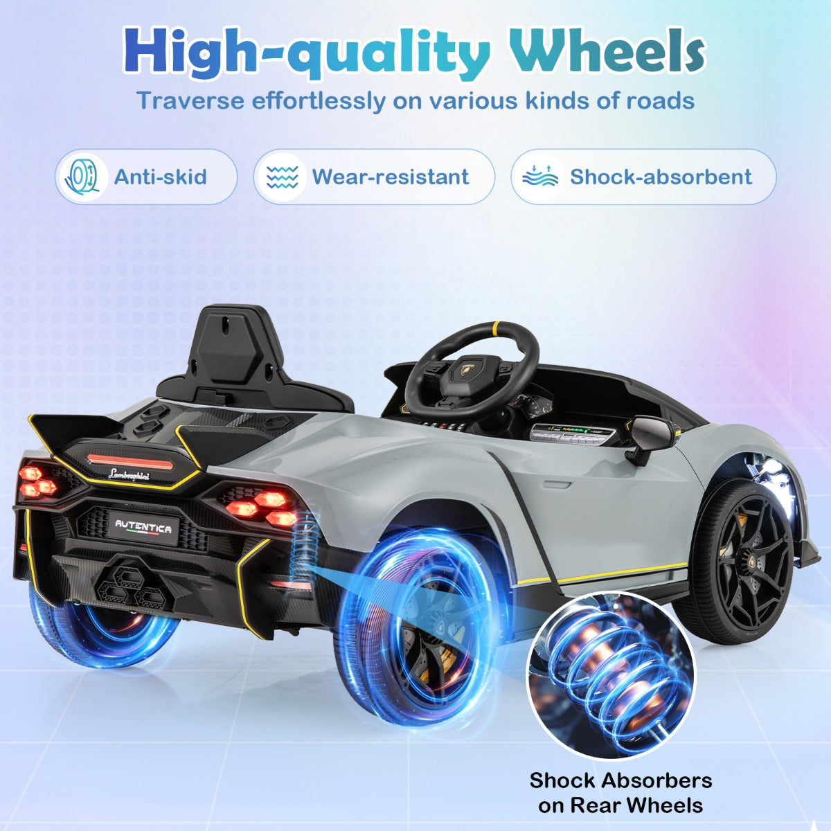 LIVSK Lamborghini Elektrische Kinderauto - 4WD met Afstandsbediening - LED-verlichting - 12V Accu - Voor 3-8 jaar - Grijs/Roze