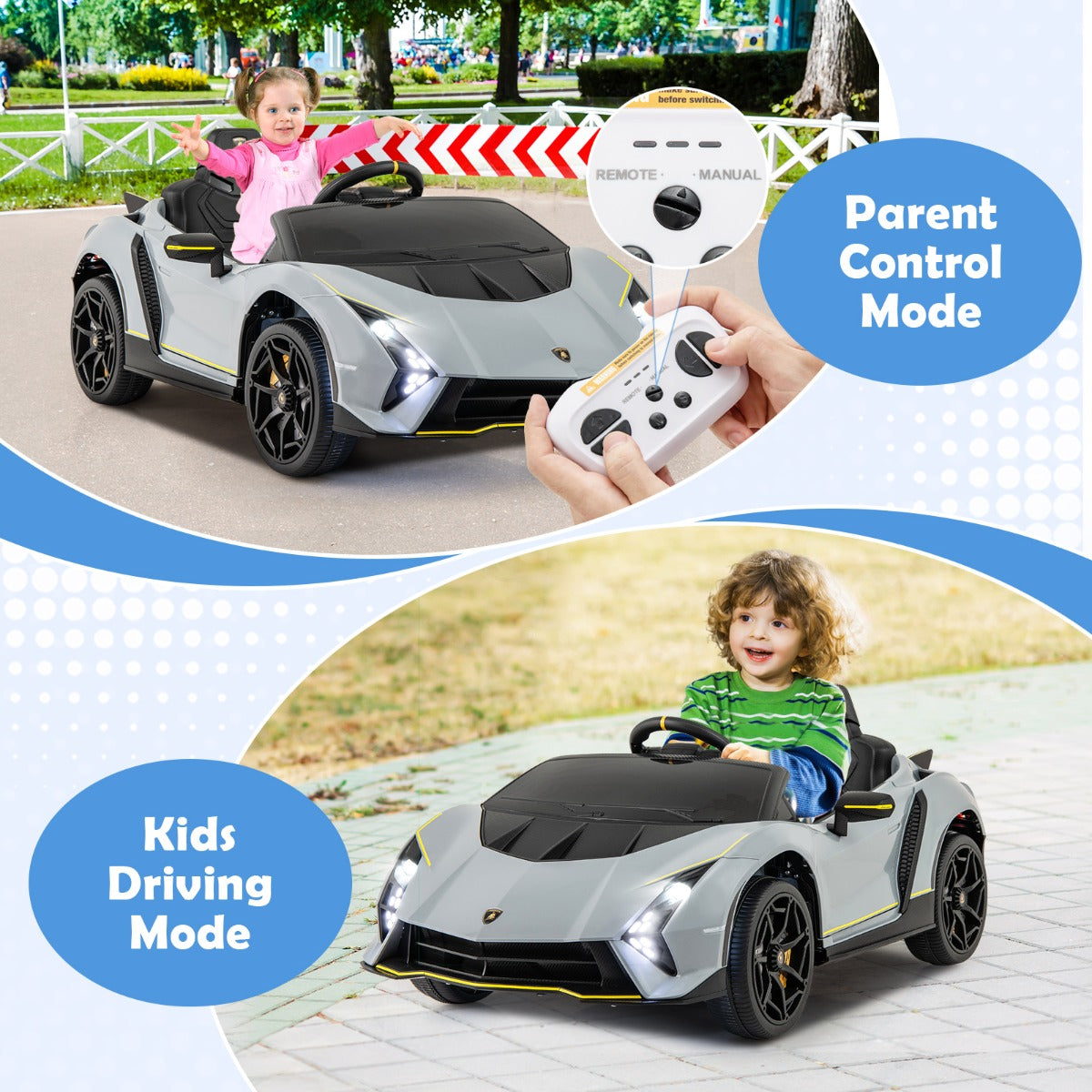 LIVSK Lamborghini Elektrische Kinderauto - 4WD met Afstandsbediening - LED-verlichting - 12V Accu - Voor 3-8 jaar - Grijs/Roze