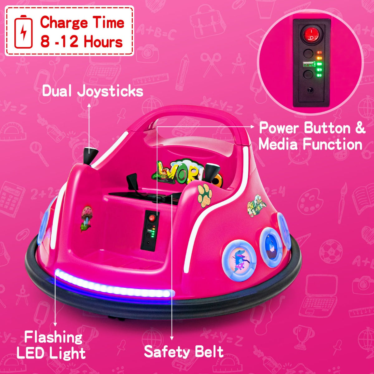 LIVSK Elektrische Autoscooter - 360 Graden Rotatie - Veiligheidsgordel - Knipperende Lichten - Voor Kinderen 3-8 jaar - Roze