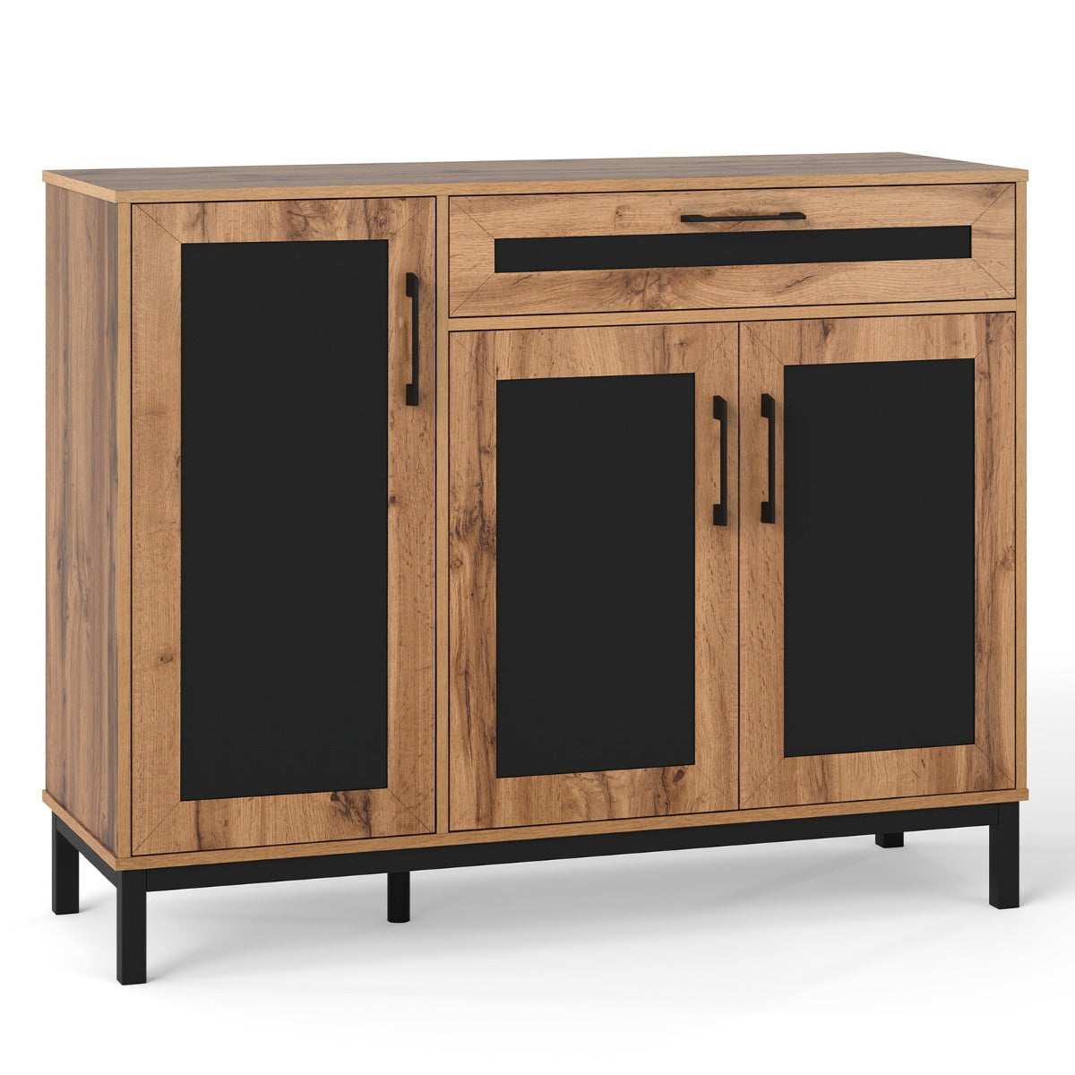 Livsk costway 120 cm buffetkast houten bijzetkast grote boerenkast met lade en uitneembare planken moderne accentkast met 3 deuren