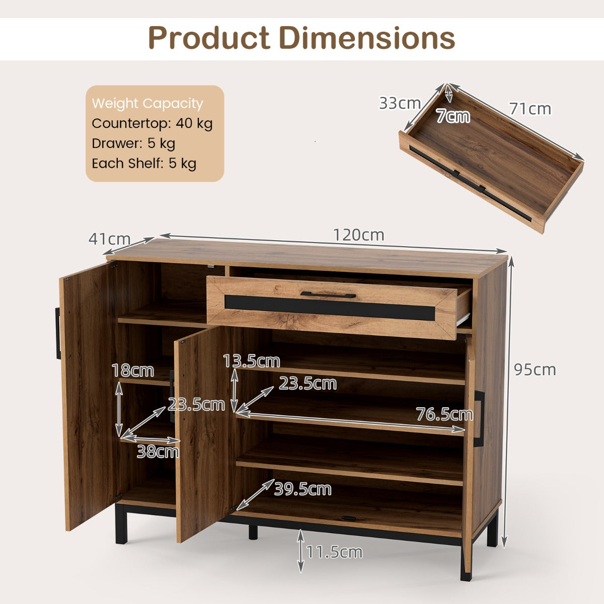 Livsk costway 120 cm buffetkast houten bijzetkast grote boerenkast met lade en uitneembare planken moderne accentkast met 3 deuren