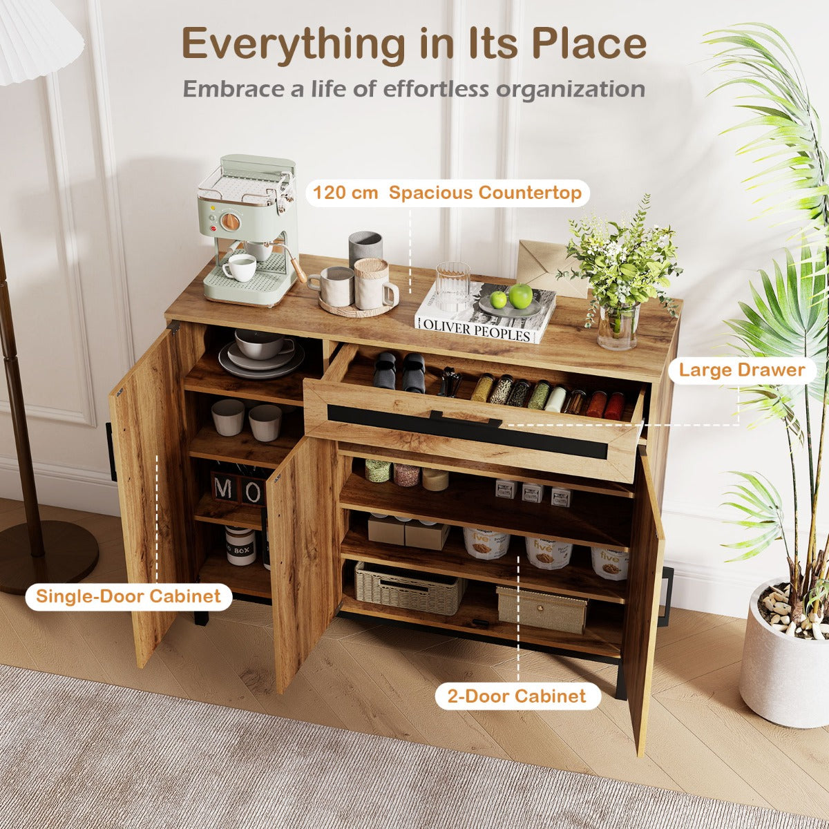 Livsk costway 120 cm buffetkast houten bijzetkast grote boerenkast met lade en uitneembare planken moderne accentkast met 3 deuren