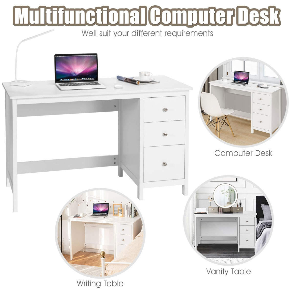 LIVSK Multifunctionele Werktafel - Ruim Werkblad - 3 Opberglades - Duurzaam MDF - Veiligheidsvoorzieningen - 120 x 50 x 75 cm -