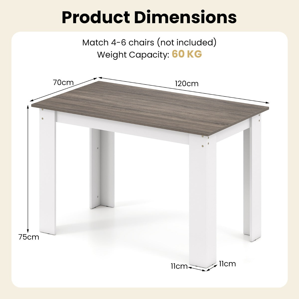 LIVSK Eettafel voor 4-6 Personen - Robuust Hout met L-vormige Poten - Waterdicht en Krasbestendig - 120 x 70 cm - Wit