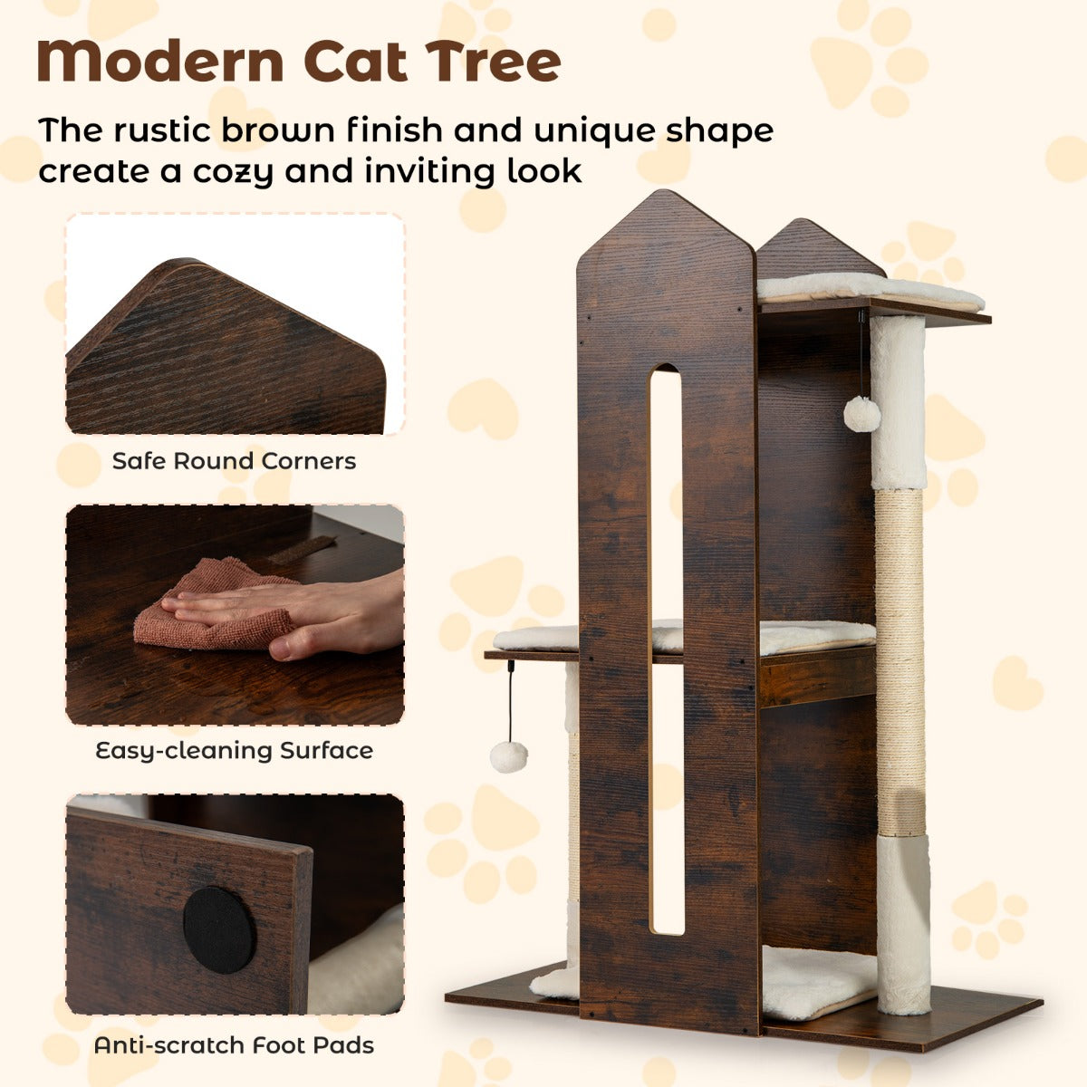 Livsk costway 120 cm hoge houten krabpaal voor katten krabpaal met meerdere niveaus voor huisdieren 4