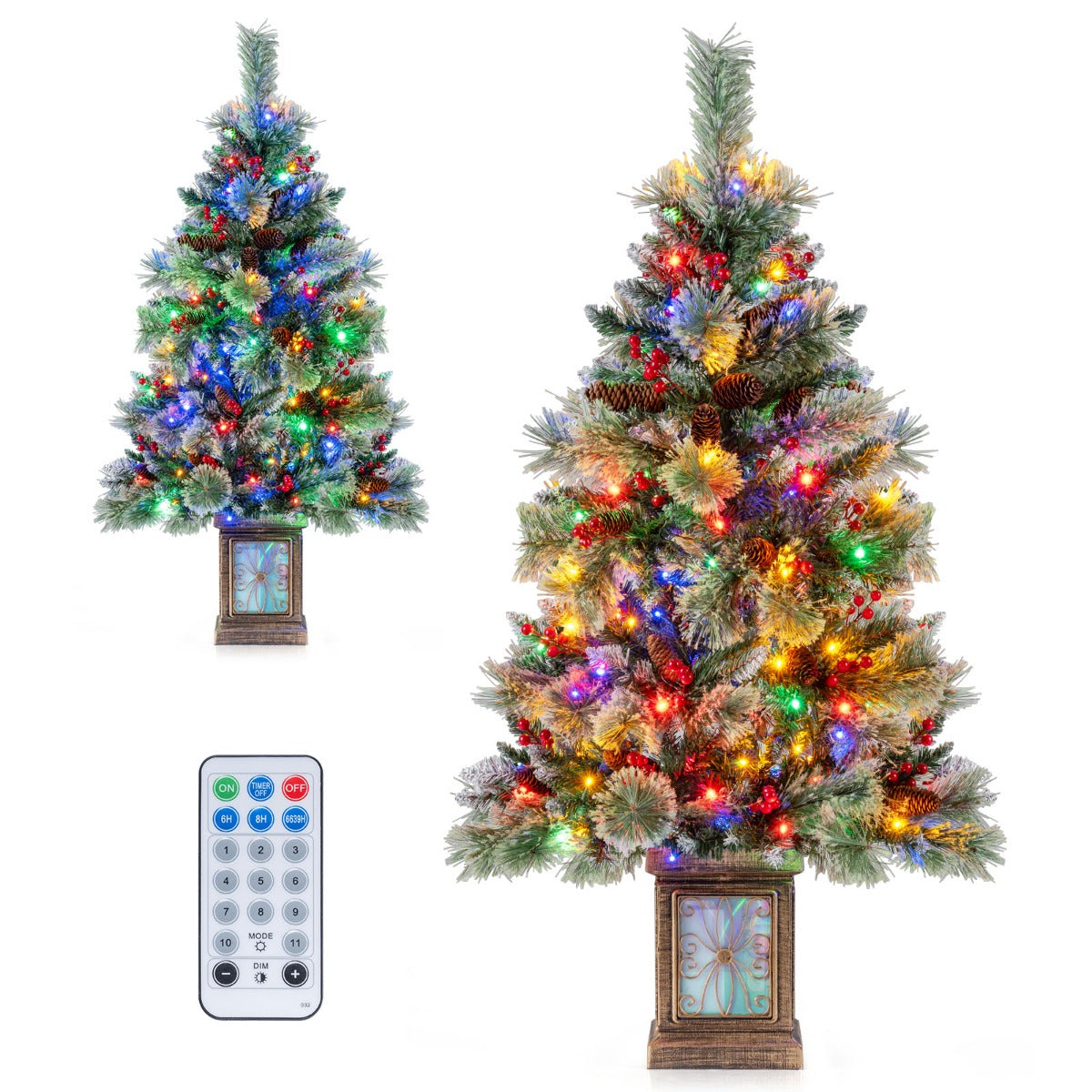 Livsk costway 120 cm kunstkerstboom in pot met 100 gekleurde led lichtjes rode bessen