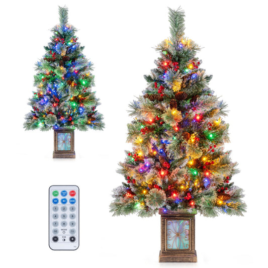 Livsk costway 120 cm kunstkerstboom in pot met 100 gekleurde led lichtjes rode bessen