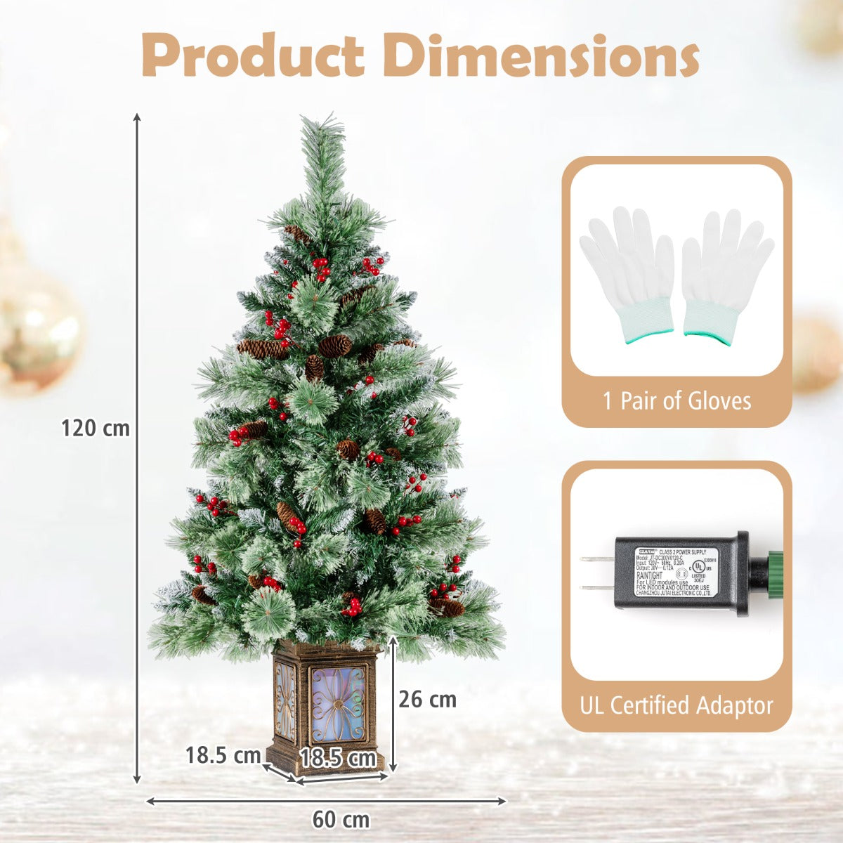 Livsk costway 120 cm kunstkerstboom in pot met 100 gekleurde led lichtjes rode bessen 2