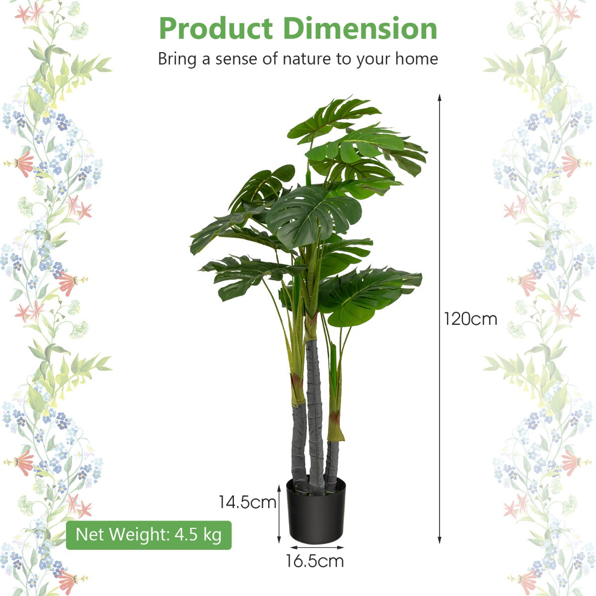 LIVSK Kunstboom Monstera Deliciosa - Realistische Bladeren - 120 cm - Geen Onderhoud - Ideaal als Housewarming Cadeau - Groen