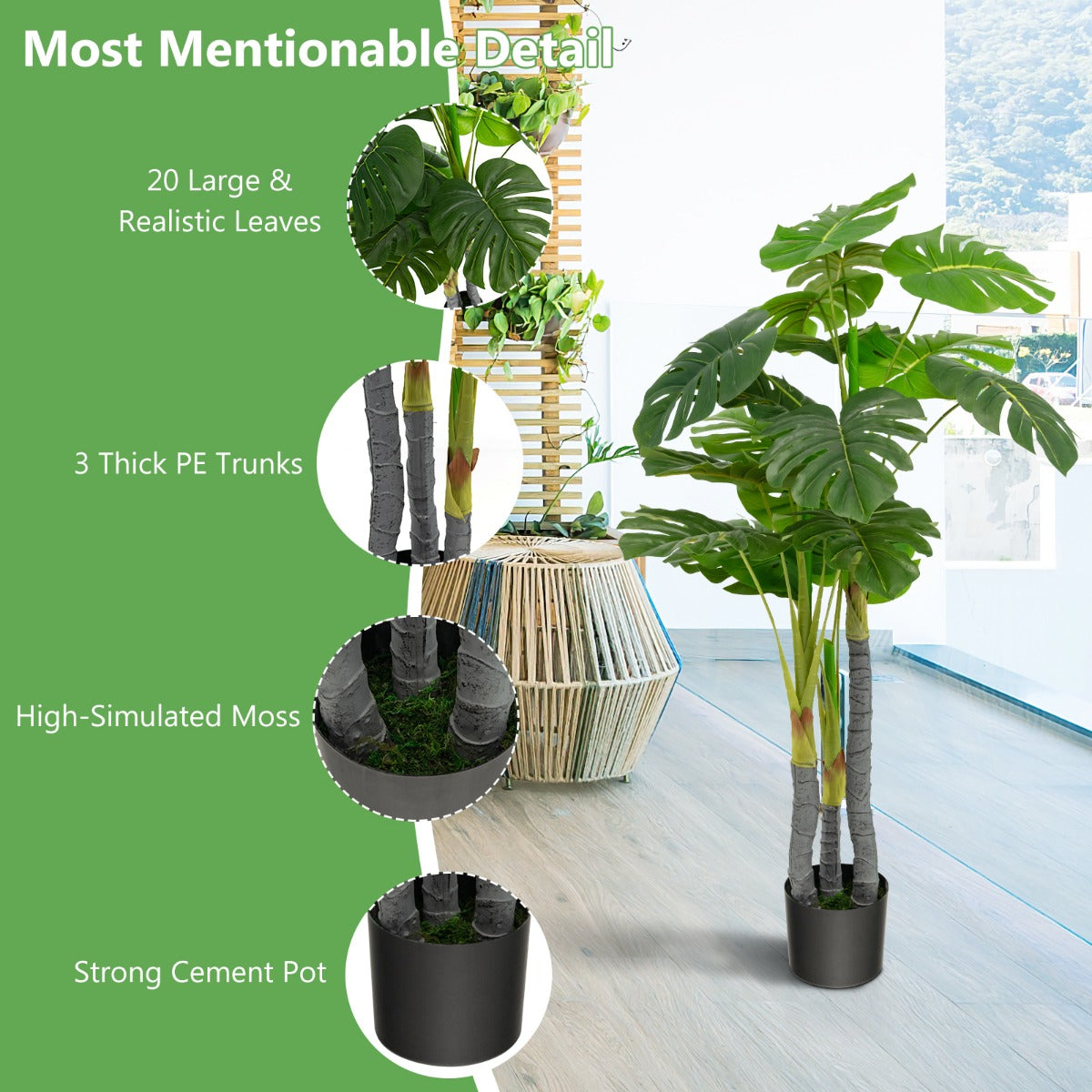 LIVSK Kunstboom Monstera Deliciosa - Realistische Bladeren - 120 cm - Geen Onderhoud - Ideaal als Housewarming Cadeau - Groen