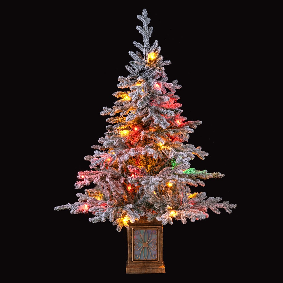 Livsk costway 120 cm kunstmatige kerstboom in pot met 100 meerkleurige warmwitte dimbare lichtjes sneeuw 1 1