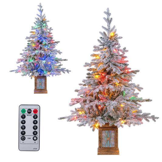 Livsk costway 120 cm kunstmatige kerstboom in pot met 100 meerkleurige warmwitte dimbare lichtjes sneeuw