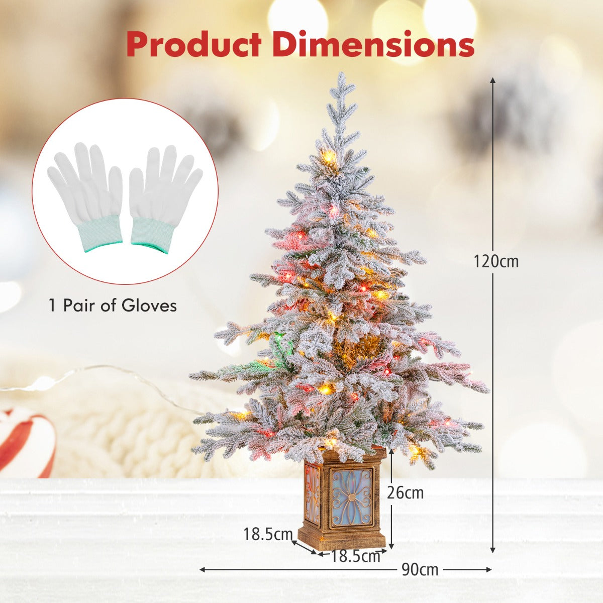 Livsk costway 120 cm kunstmatige kerstboom in pot met 100 meerkleurige warmwitte dimbare lichtjes sneeuw 2