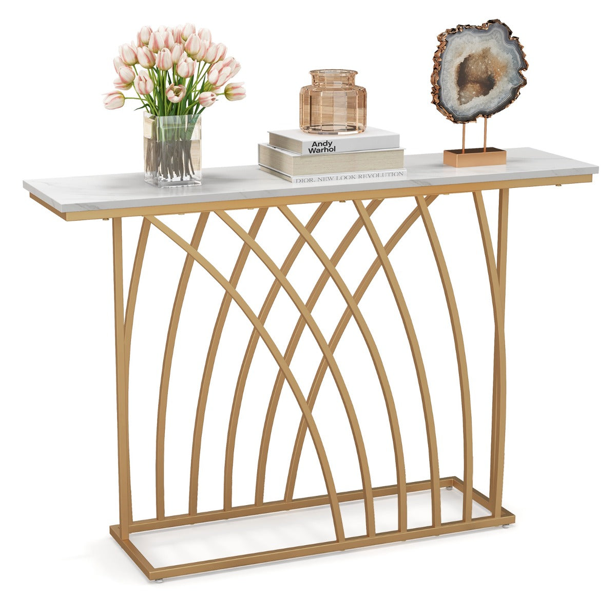 LIVSK Consoletafel met Kunstmarmer en Goudkleurig Frame - Ruim Tafelblad 120 x 30 cm - Stevig en Elegant - Wit en Goud