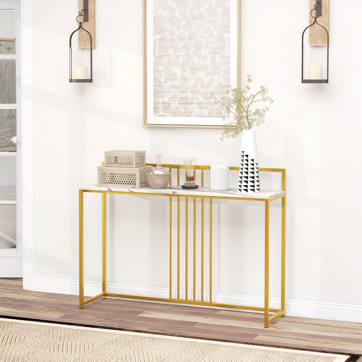 LIVSK Imitatiemarmeren Consoletafel - Brede 120 cm Blad - Gouden Metalen Poten - Anti-Kantelbeveiliging - Wit + Goud