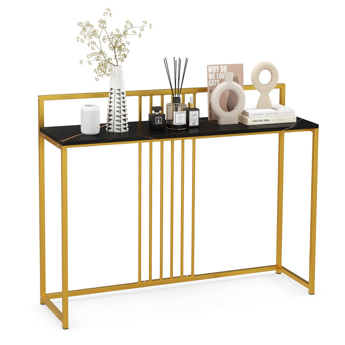 LIVSK Imitatiemarmeren Consoletafel - 120 cm - Gouden Metalen Onderstel - Stevig en Veilig - Inclusief Anti-Kantelset - Zwart +