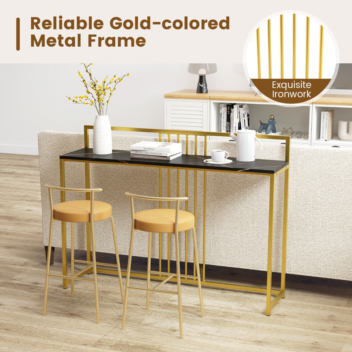 LIVSK Imitatiemarmeren Consoletafel - 120 cm - Gouden Metalen Onderstel - Stevig en Veilig - Inclusief Anti-Kantelset - Zwart +