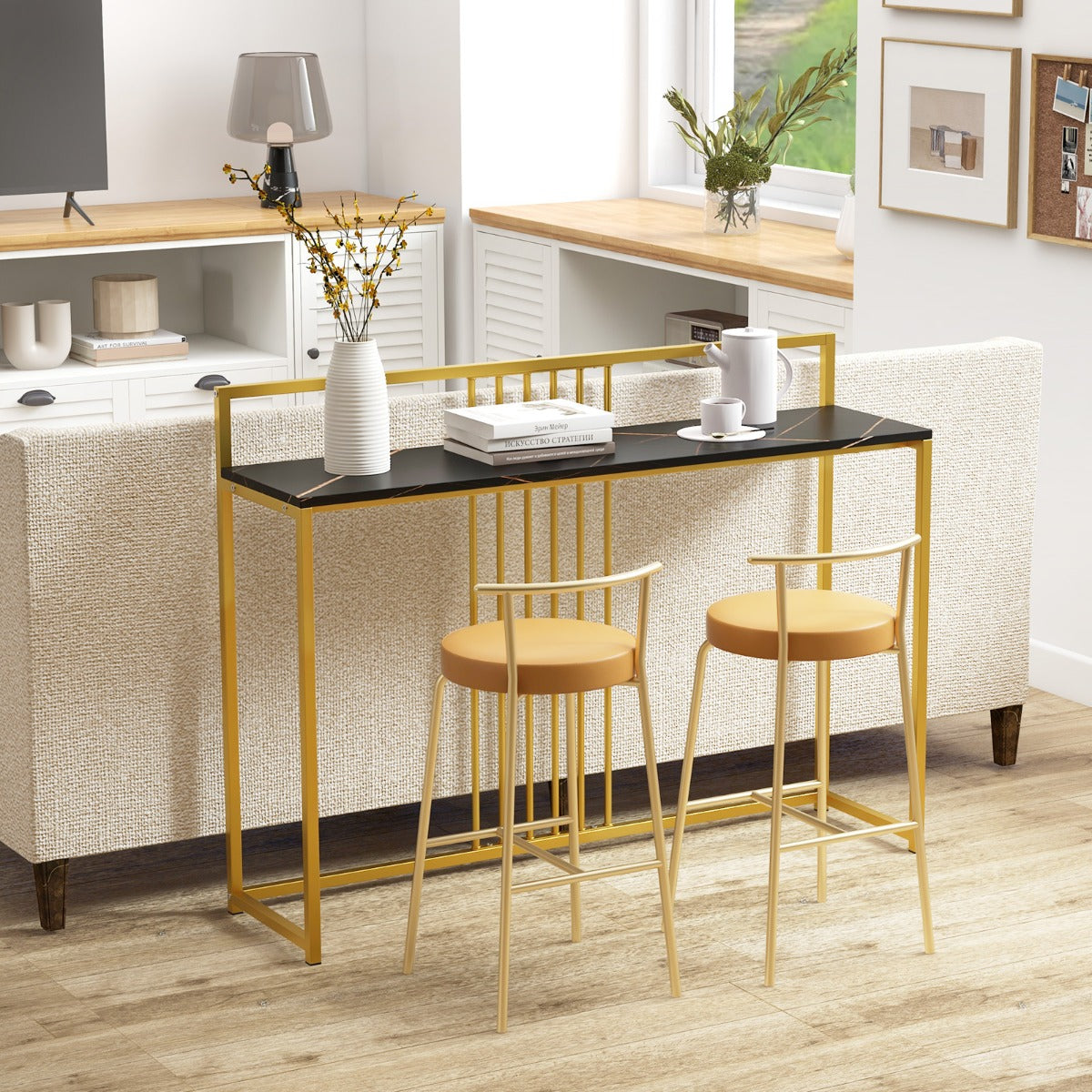 LIVSK Imitatiemarmeren Consoletafel - 120 cm - Gouden Metalen Onderstel - Stevig en Veilig - Inclusief Anti-Kantelset - Zwart +