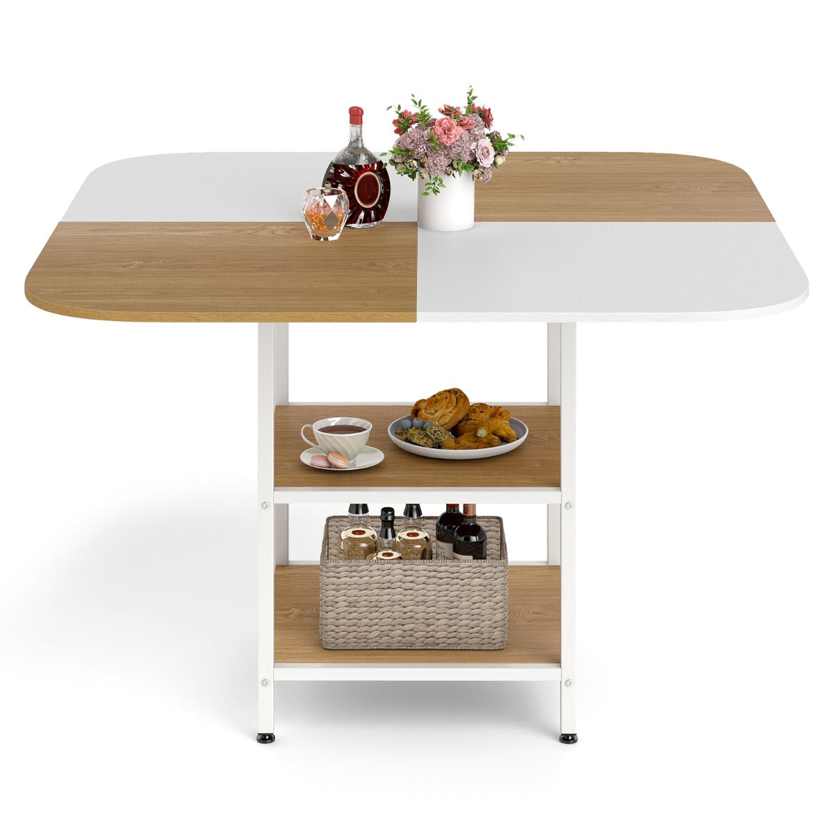 Livsk costway 120 cm moderne eettafel vierkante keukentafel met veelkleurig tafelblad 2 opbergvakken 1