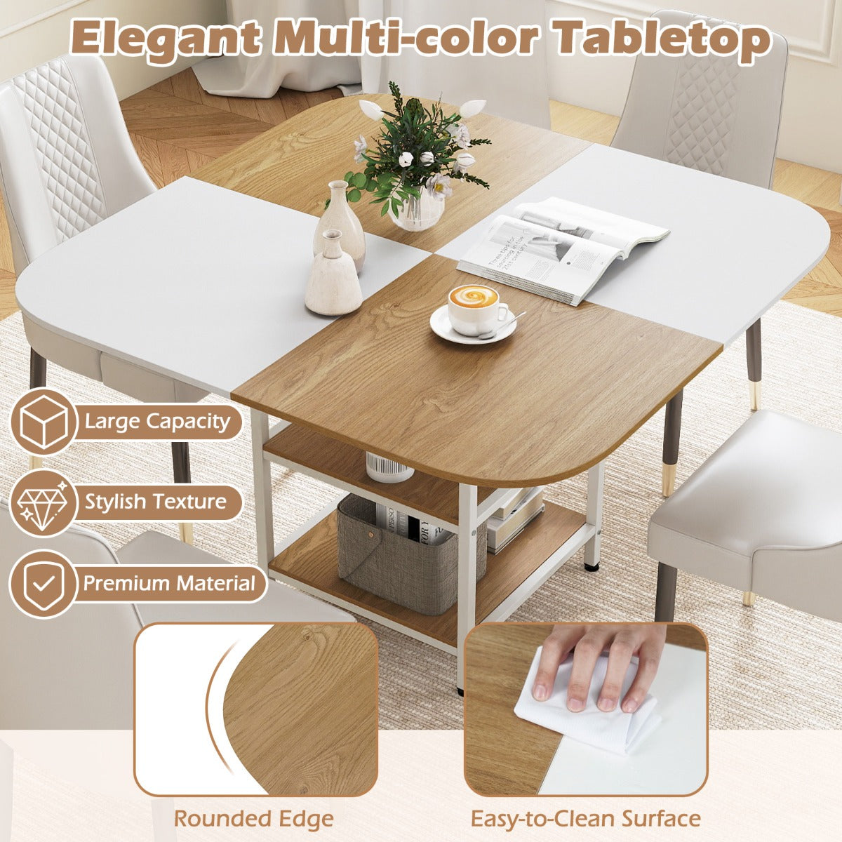 Livsk costway 120 cm moderne eettafel vierkante keukentafel met veelkleurig tafelblad 2 opbergvakken