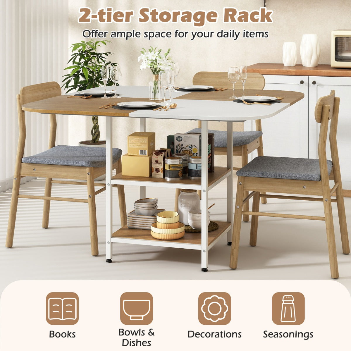 Livsk costway 120 cm moderne eettafel vierkante keukentafel met veelkleurig tafelblad 2 opbergvakken