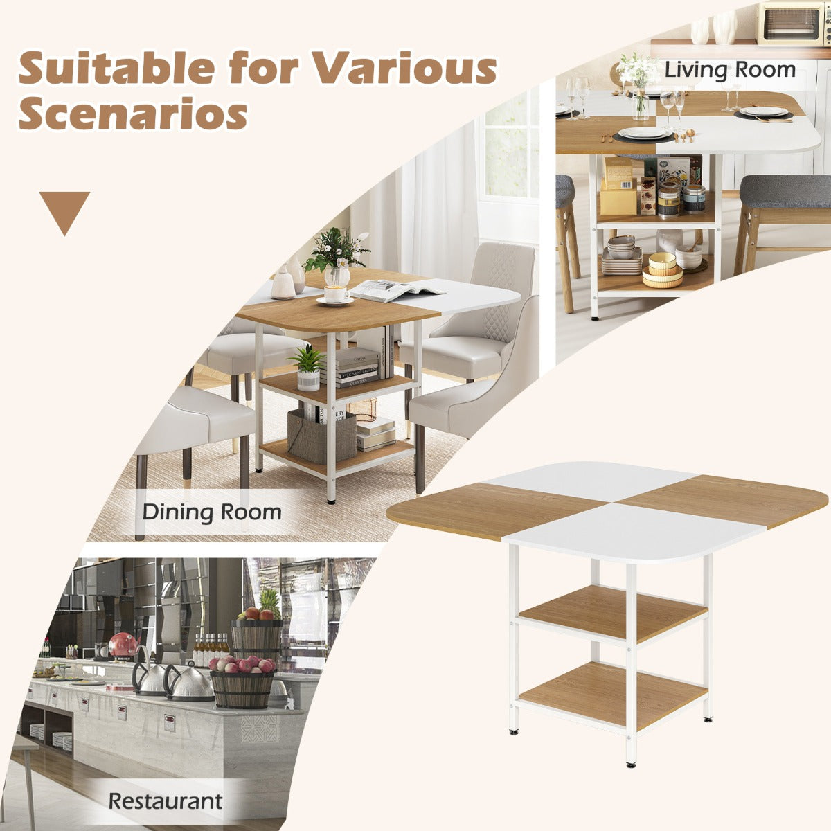 Livsk costway 120 cm moderne eettafel vierkante keukentafel met veelkleurig tafelblad 2 opbergvakken