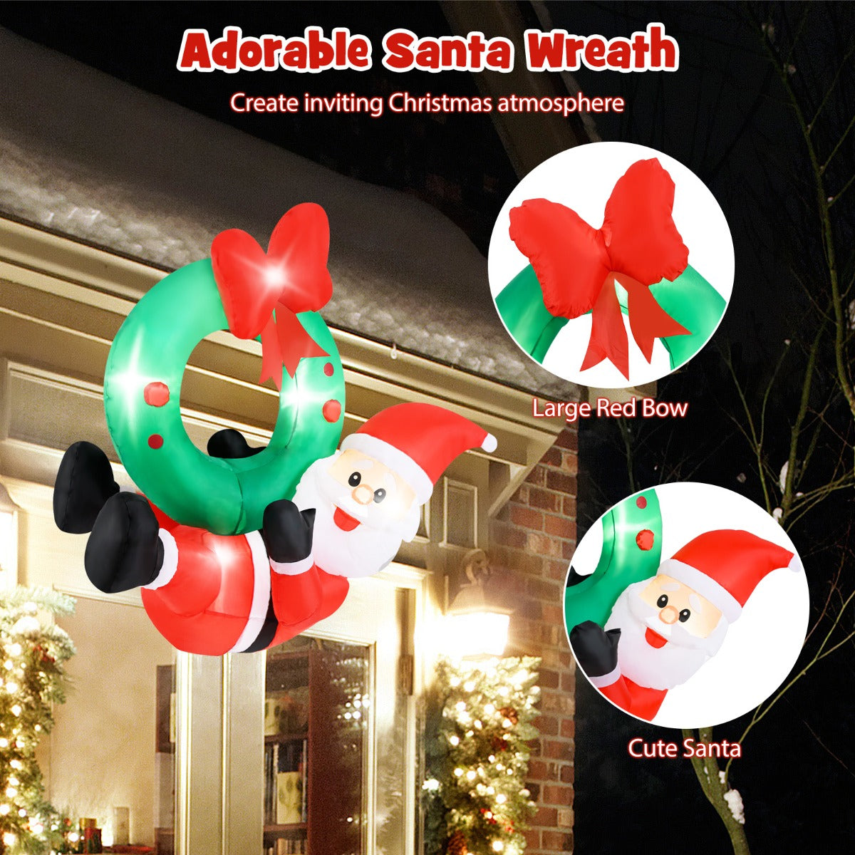 LIVSK Opblaasbare Kerstman met Verlichte Krans - 5 LED-lampjes - Weerbestendig en Eenvoudig Op te Blazen - 120 cm - Groen/Rood