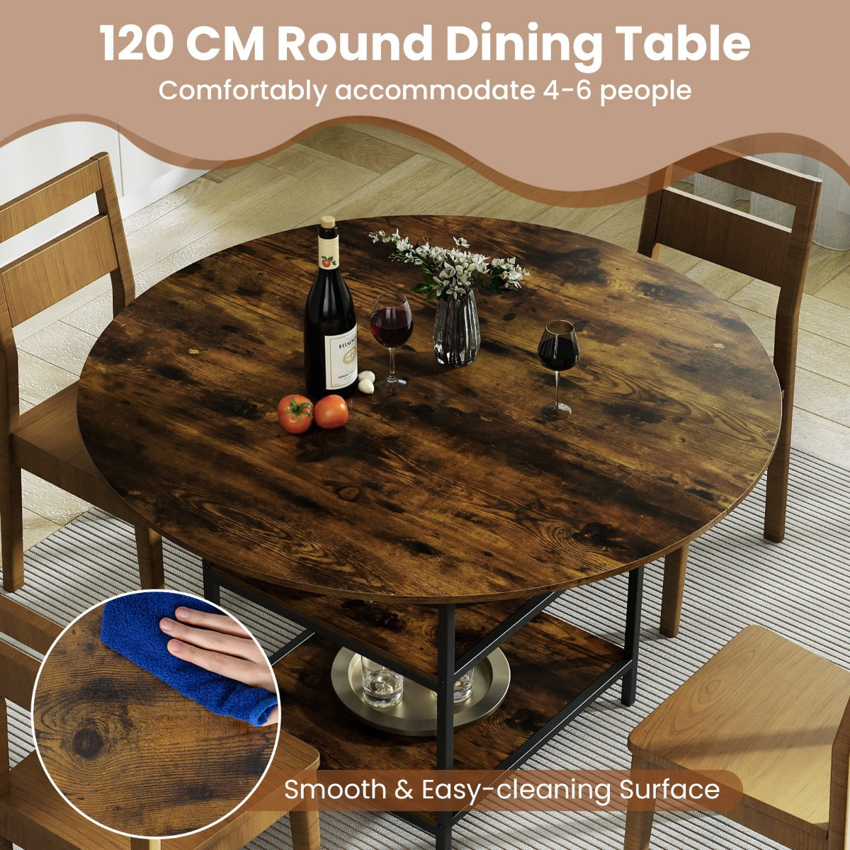 Livsk costway 120 cm ronde eettafel voor 4 6 personen landhuiskeukentafel met 2 laags open opbergvak metalen onderstel bruin 3