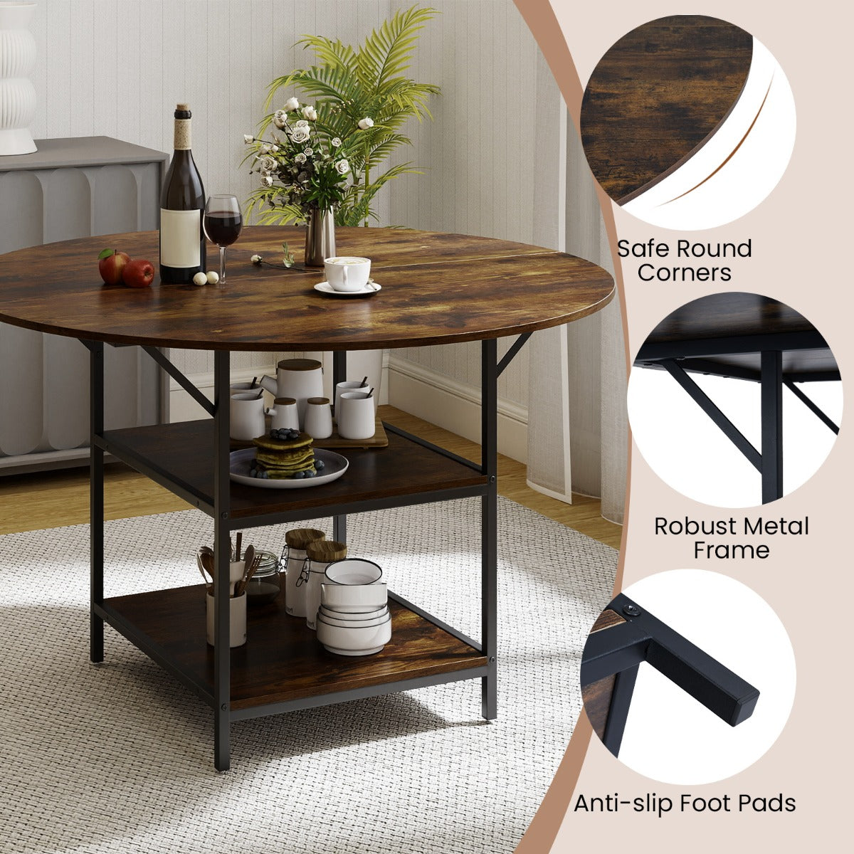 Livsk costway 120 cm ronde eettafel voor 4 6 personen landhuiskeukentafel met 2 laags open opbergvak metalen onderstel bruin 4