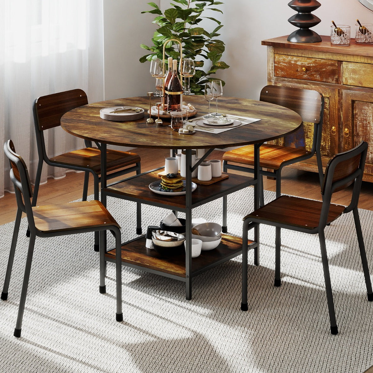 Livsk costway 120 cm ronde eettafel voor 4 6 personen landhuiskeukentafel met 2 laags open opbergvak metalen onderstel bruin 6