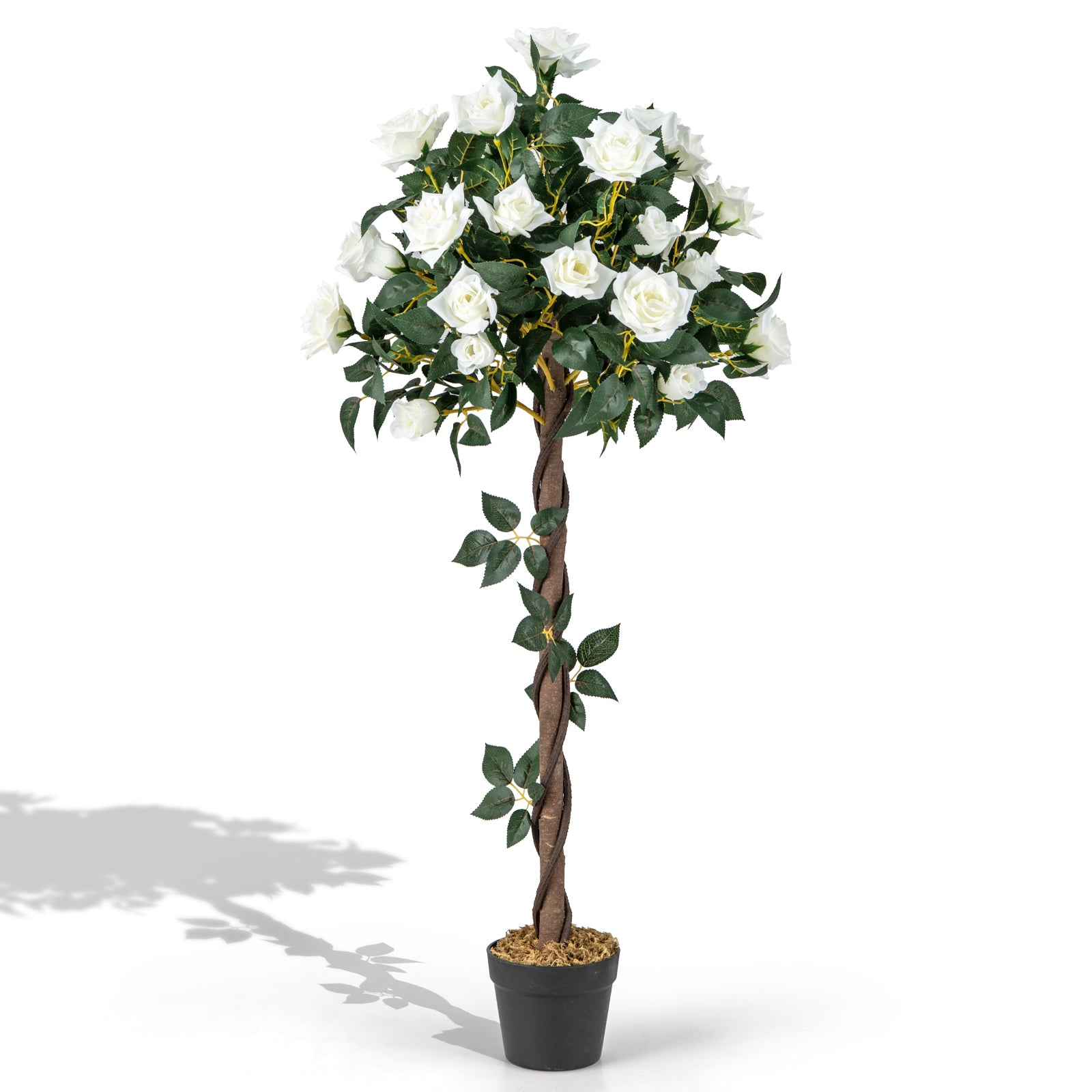 LIVSK Kunstbloemenboom - 120 cm Hoge Rozenboom - Natuurlijke Houten Stam - Onderhoudsvrij - Voor Binnen - Groen+Wit