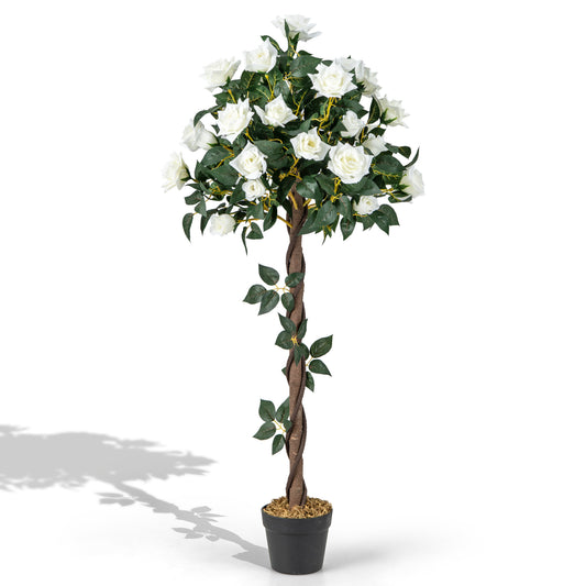 LIVSK Kunstbloemenboom - 120 cm Hoge Rozenboom - Natuurlijke Houten Stam - Onderhoudsvrij - Voor Binnen - Groen+Wit