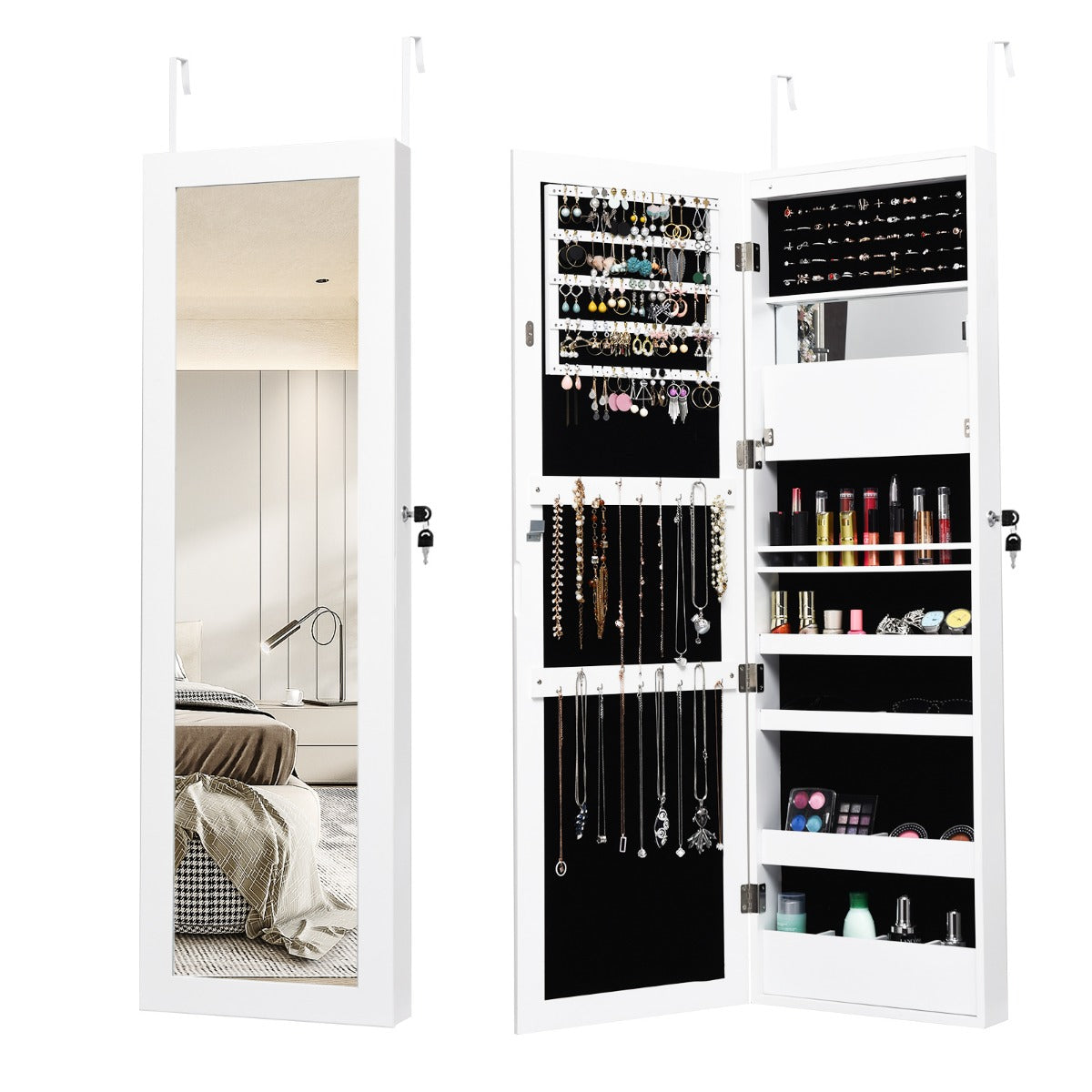 LIVSK Sieradenkast met LED Verlichting - Ruime Opbergruimte - Afsluitbaar - Spiegel - 12 Lampen - 37 x 8,5 x 120 cm - Wit