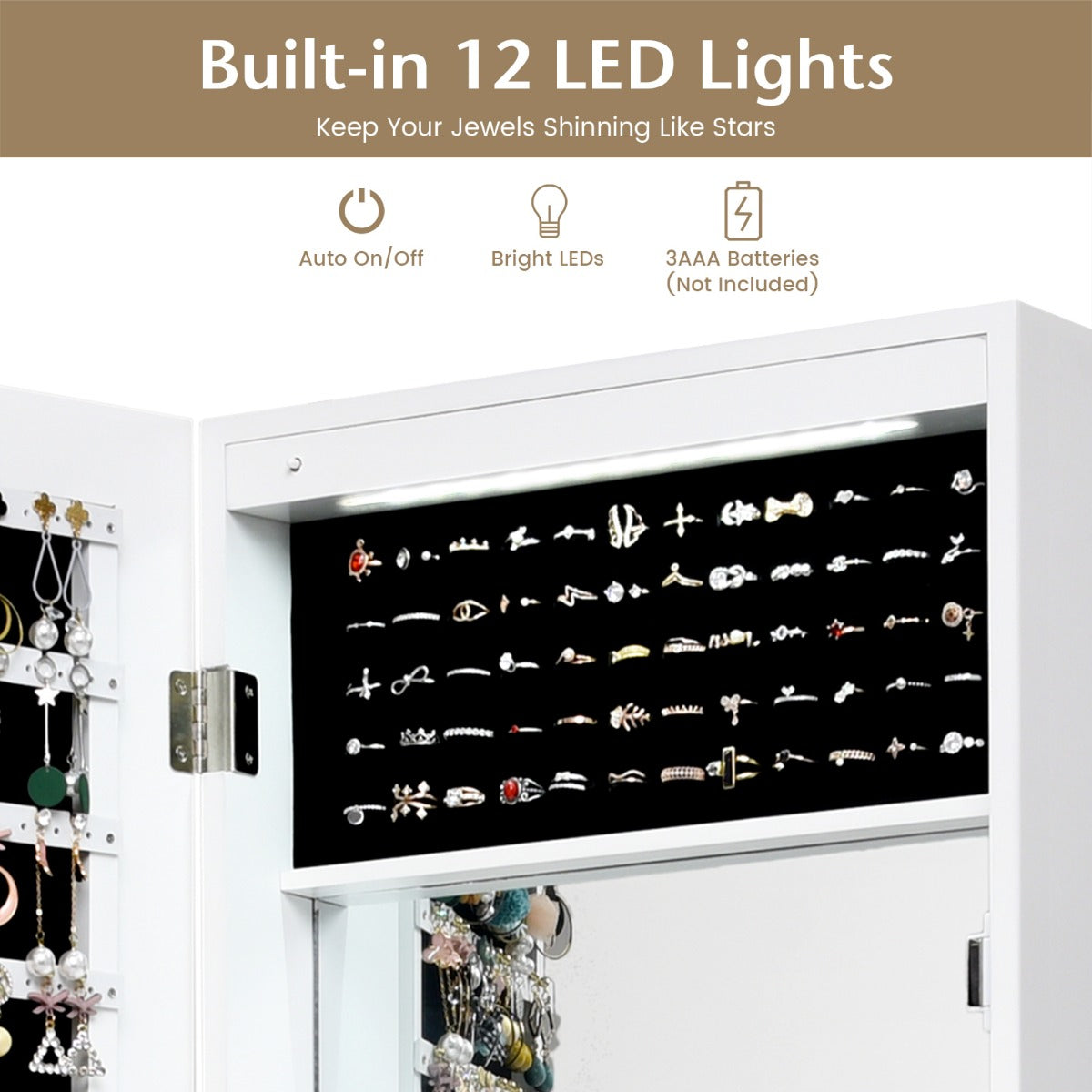 LIVSK Sieradenkast met LED Verlichting - Ruime Opbergruimte - Afsluitbaar - Spiegel - 12 Lampen - 37 x 8,5 x 120 cm - Wit