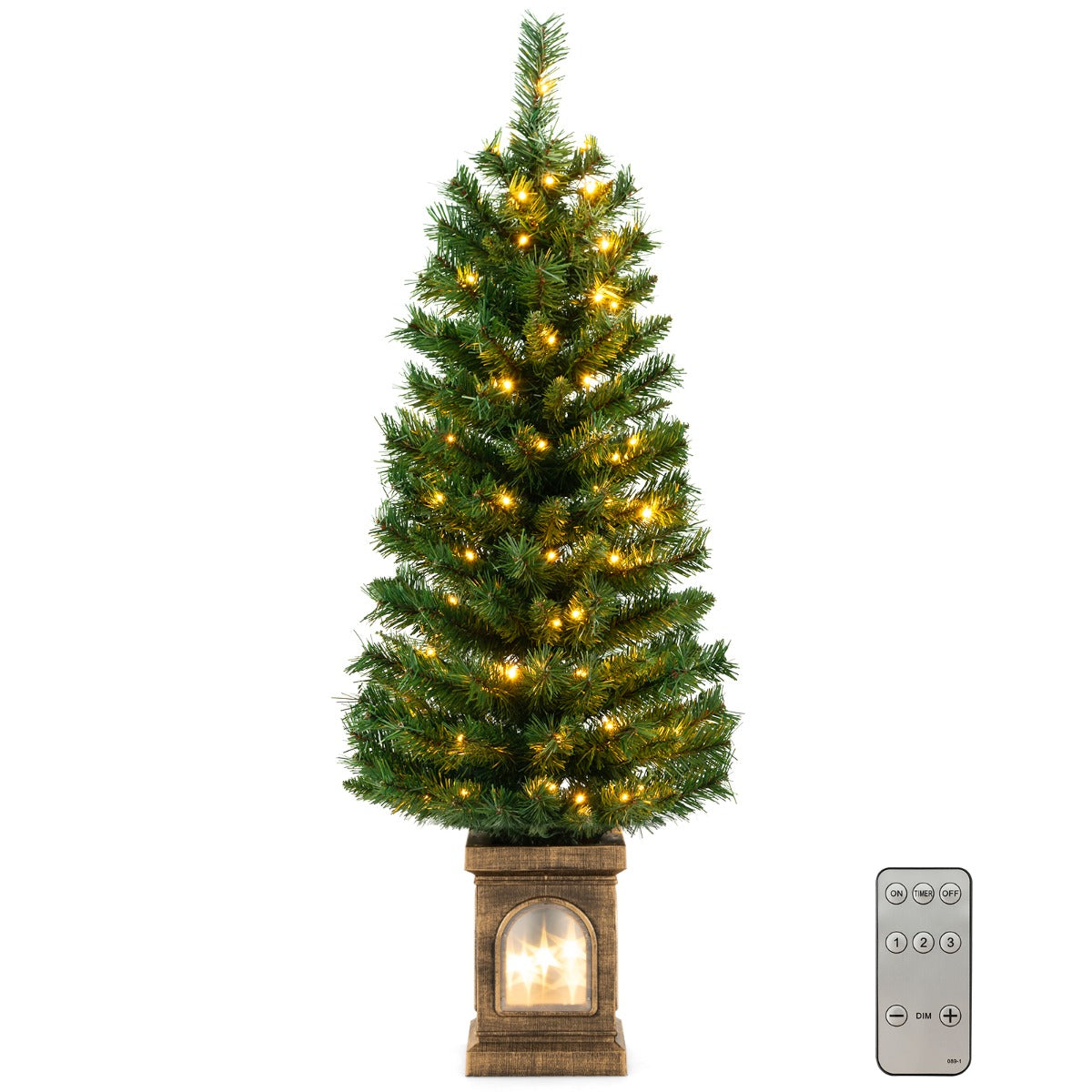LIVSK Verlichte Kunstkerstboom 120 cm - 160 Takpunten - 100 Warmwitte LED's - 3 Verlichtingsmodi - Antieke Urnbasis - Groen + Goud