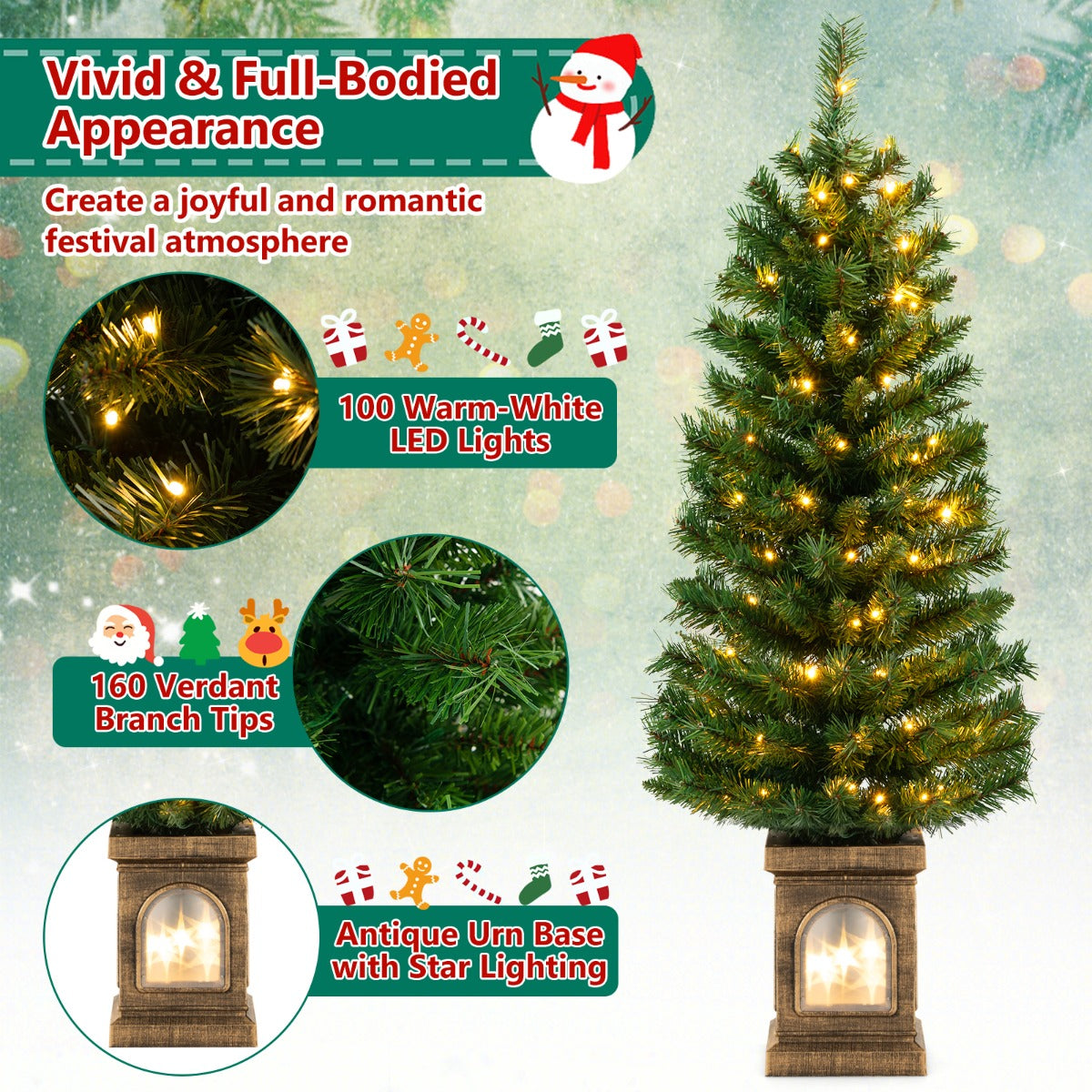 LIVSK Verlichte Kunstkerstboom 120 cm - 160 Takpunten - 100 Warmwitte LED's - 3 Verlichtingsmodi - Antieke Urnbasis - Groen + Goud