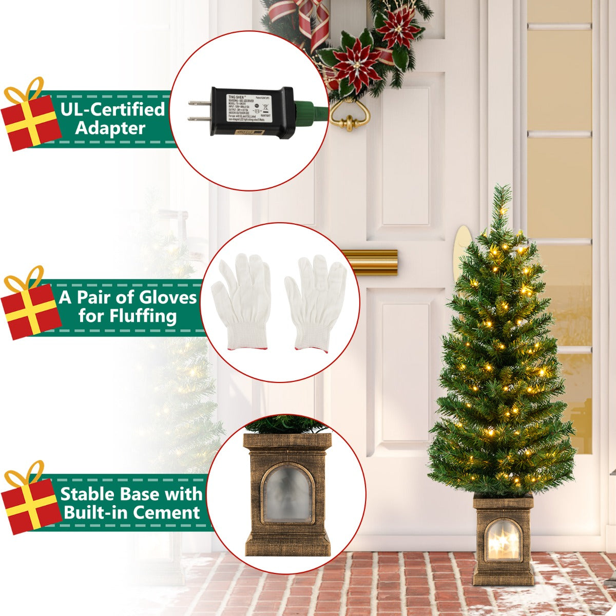 LIVSK Verlichte Kunstkerstboom 120 cm - 160 Takpunten - 100 Warmwitte LED's - 3 Verlichtingsmodi - Antieke Urnbasis - Groen + Goud