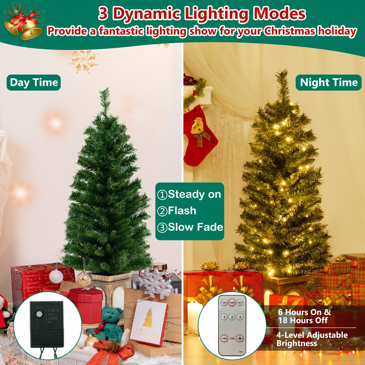 LIVSK Verlichte Kunstkerstboom 120 cm - 160 Takpunten - 100 Warmwitte LED's - 3 Verlichtingsmodi - Antieke Urnbasis - Groen + Goud